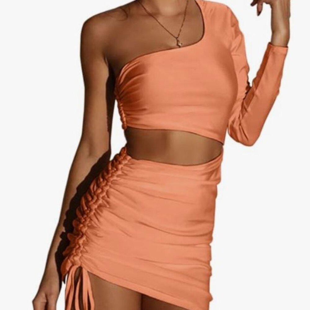 CHYRII Women's One Shoulder Sleeveless Cutout Ruched Bodycon Mini Club Dres